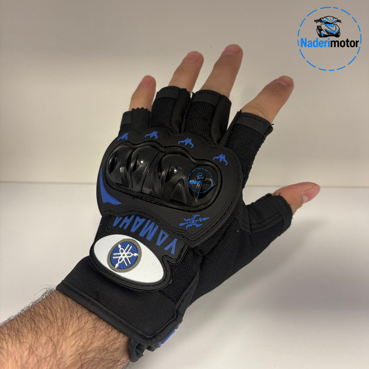 دستکش مشکی آبی ضربه گیر دار نیمه موتورسواری مدل YAMAHA